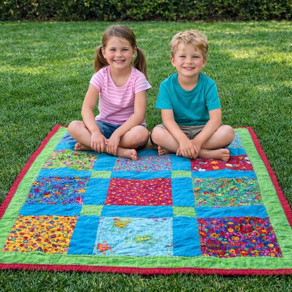 Colorful Patchwork Quilt 34”x44” Cotton Throw Picnic Beach Blanket
